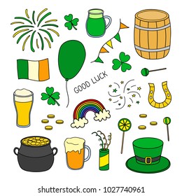 Set of hand drawn colorful items for Saint patrick's day celebration isolated on white background.