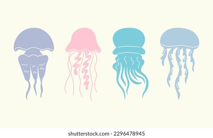 Set of hand drawn colorful jellyfish. Collection of cartoon meduses. Isolated underwater animals.
