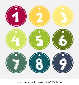 Set of hand drawn colorful numbers 1-9 on the circles