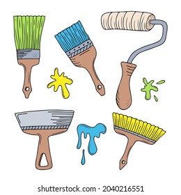Set of hand drawn colorful paintbrush and roller, construction spatula, blots isolated on a white background. Doodle, simple outline illustration. It can be used for decoration of textile, paper.