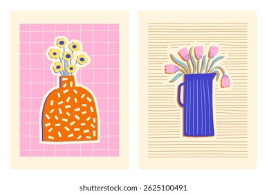 Set of hand drawn colorful posters with abstract flowers in vases. Contemporary art bouquets on geometric backgrounds. Trendy floral design. Vector illustrations