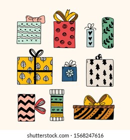 Set of hand drawn colorful presents. Cute festive doodles in vector.