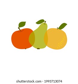 Set with hand drawn colorful primitive fruits. Simple sketch style isolated objects vector collection. Vegetarian set - apple, pear, orange.