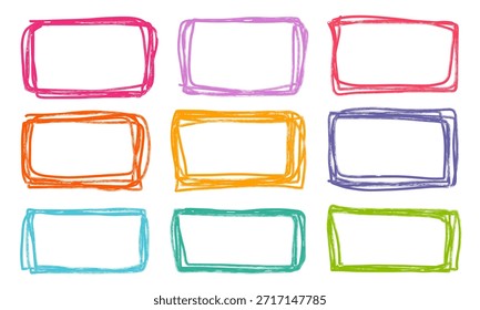 Set of hand drawn colorful rectangles created with marker. Horizontal rectangular frames for highlighting text. Outline elements for notes, labels and reminders. Marker and pen drawn shapes isolated.