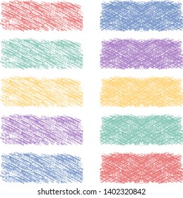 Set of hand drawn colorful Scandinavian pencil scribble frames for text banner. Edge torn box background. Vector isolated cute pastel hatch shapes for kids.