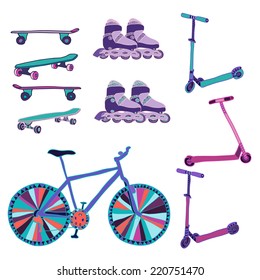 Set of hand drawn colorful scooters, rollers, bike and skateboards. Vector illustration. 