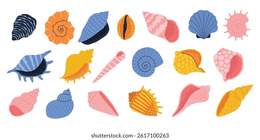 Set of hand drawn colorful seashells. Design elements for print, sticker, greeting card and invitation. Isolated vector illustration