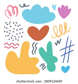 Set of hand drawn colorful shapes and doodle objects. Vector illustration with abstract random design elements isolated on white background.