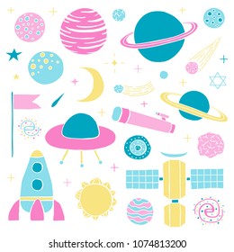 Set of hand drawn colorful space items isolated on white background.