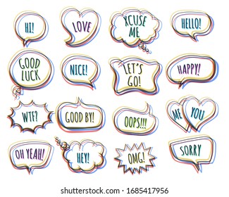 Set of Hand Drawn Colorful Speech Bubbles with inscriptions inside isolated on white backgroud. Vector illustration.