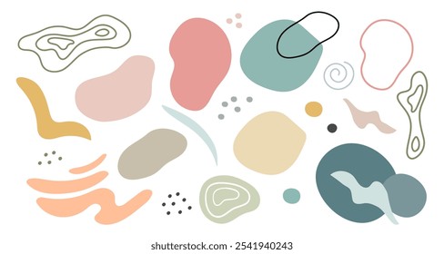 Set of hand drawn colorful spots, dots and lines doodle shapes and squiggles in trendy soft colors. Vector isolated illustration. For design, print, fabric, stickers, tattoo, embroidery and decoration