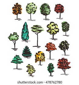 Set of hand drawn colorful trees. Ink style. Vector collection.