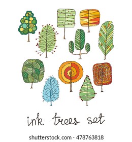 Set of hand drawn colorful trees. Ink style. Vector collection.