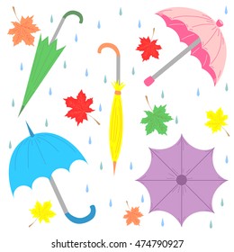  Set of Hand Drawn Colorful Umbrellas, Maple Leaves and Drops. Perfect for Print. Flat Umbrellas. Vector Illustration. 