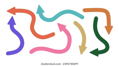 Conjunto de flechas coloridas dibujadas a mano. Colección de flecha abstracta moderna en estilo doodle. Modernas flechas multicolores o punteros aislados. Ilustración vectorial plana de color