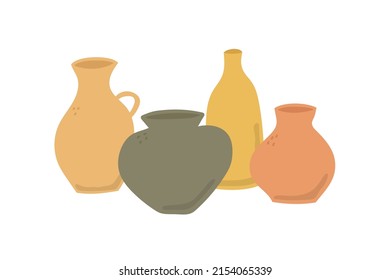 Set of hand drawn colorful vases. Doodle clay pottery collection. Isolated vector illustration 
