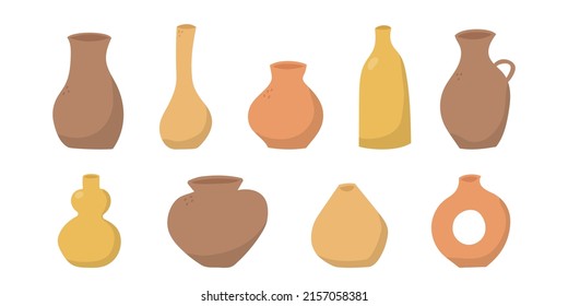 Set of hand drawn colorful vases and pots. Doodle clay pottery collection. Isolated vector illustration 