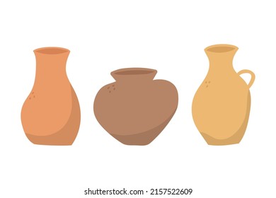 Set of hand drawn colorful vases or pots and jug. Doodle clay pottery collection. Isolated vector illustration  