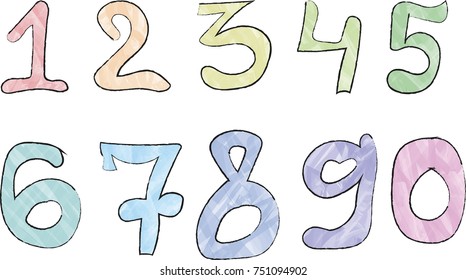 Set of hand drawn colorful vector numbers