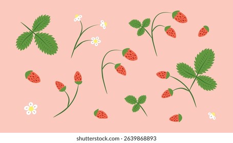Set of hand drawn colorful wild strawberries, leaves and flowers isolated on pink background. Cute garden or forest strawberries.