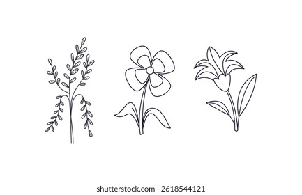 Set hand drawn colorless floral decorative elements	