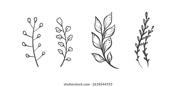 Set hand drawn colorless floral decorative elements	