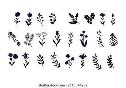 Set hand drawn colorless floral decorative elements	