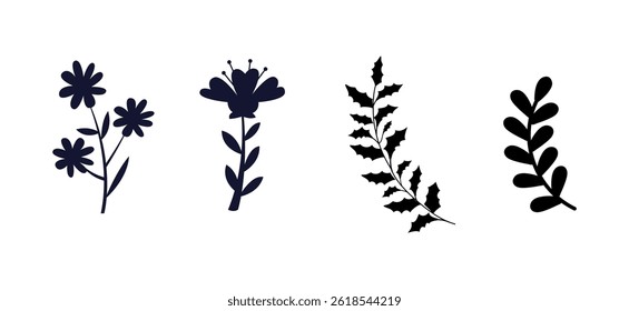 Set hand drawn colorless floral decorative elements	