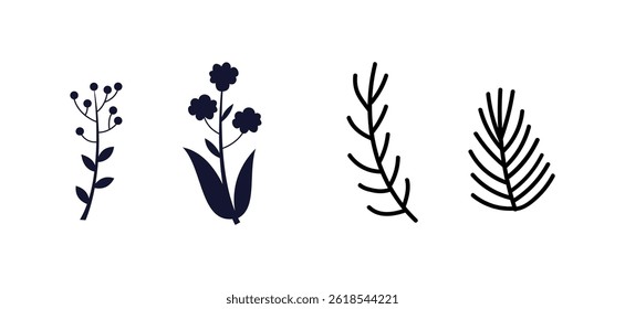 Set hand drawn colorless floral decorative elements	