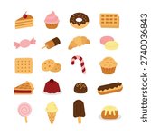 Set of hand drawn colour confectionery icons on a transparent background. Various sweets candies, chocolates, lollipops, cakes, donuts, and pastries. Minimalist flat design suitable for web, app, print. Collection of dessert and sweets symbols