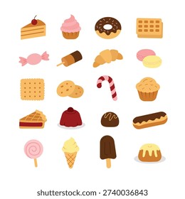 Set of hand drawn colour confectionery icons on a transparent background. Various sweets candies, chocolates, lollipops, cakes, donuts, and pastries. Minimalist flat design suitable for web, app, print. Collection of dessert and sweets symbols
