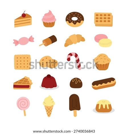 Set of hand drawn colour confectionery icons on a transparent background. Various sweets candies, chocolates, lollipops, cakes, donuts, and pastries. Minimalist flat design suitable for web, app, print. Collection of dessert and sweets symbols