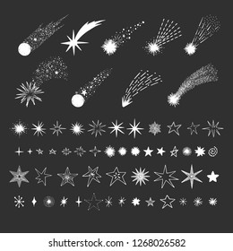 Set of hand drawn comet and falling stars. Vector isolated illustration.