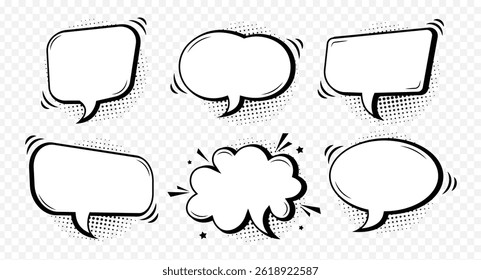 set of hand drawn comic doodle speech bubble with halftone on transparent background. vector illustration