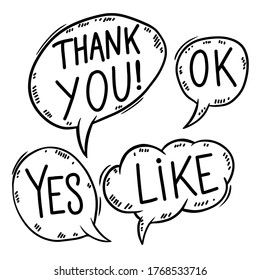 Set of hand drawn comic style phrases. Ok, yes, like, thank you. Design element for poster, card, banner, flyer. Vector illustration