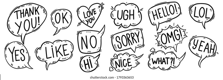 Set of hand drawn comic style speech bubbles. Design element for poster, card, banner, t shirt. Vector illustration