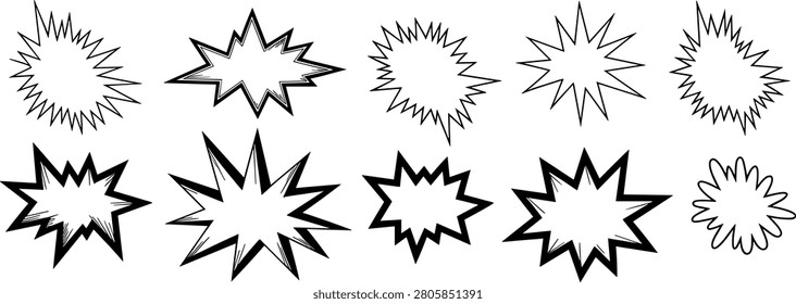 Set of hand drawn comic style speech bubbles and explosion bursts with explosion isolated dialogue comicbook thoughtbubble scribble