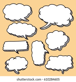 Set of Hand Drawn Comic Style Speech Bubbles. Perfect for greeting cards, sales ad, banner design. Creative collection of doodle style comic balloon.