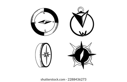 Set von Hand gezeichneter Kompass-doodle-Illustration, schwarzes Bild auf weißem Hintergrund. Lineare Kunst, Vektorgrafik