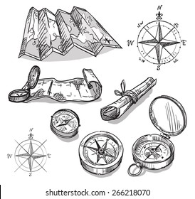 Set of hand drawn compasses and maps