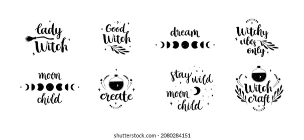 Set of hand drawn compositions about magic and witches. Cute doodle simple illustrations combined with brush calligraphy. 8 vector deigns isolated on white background. For sticker, print, card, etc.