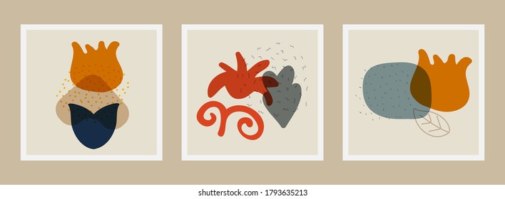 Set of hand drawn compositions from abtract shapes, flowers, leaves, dots, lines design elements. Abstract trendy hand drawn vector illustration. Perfect for posters, instagram posts, postcards etc