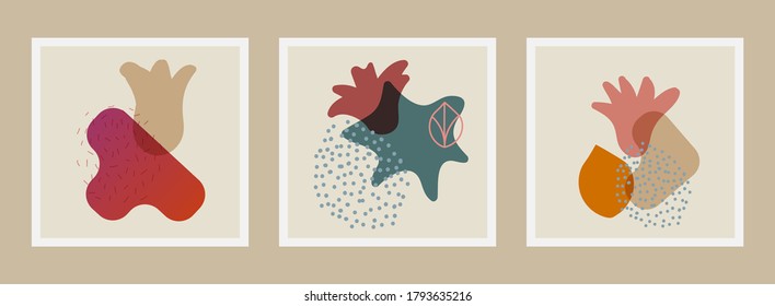 Set of hand drawn compositions from abtract shapes, flowers, leaves, dots, lines design elements. Abstract trendy hand drawn vector illustration. Perfect for posters, instagram posts, postcards etc