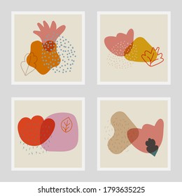 Set Of Hand Drawn Compositions From Abtract Shapes, Flowers, Leaves, Dots, Lines Design Elements. Abstract Trendy Hand Drawn Vector Illustration. Perfect For Posters, Instagram Posts, Postcards Etc