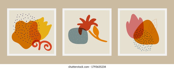 Set of hand drawn compositions from abtract shapes, flowers, leaves, dots, lines design elements. Abstract trendy hand drawn vector illustration. Perfect for posters, instagram posts, postcards etc