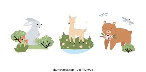 Set of hand drawn compositions with forest animals and plants. Baby art for nursery design and prints. Charming cartoon woodland animals