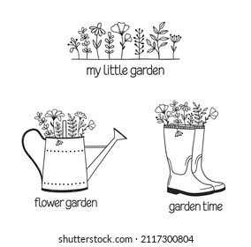 Set of hand drawn compositions with watering can, rubber boots and flowers. Gardening, flower shop, landscape design, farming concepts, icons, logo