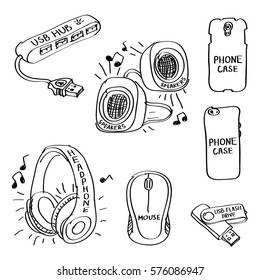Set of hand drawn computer accessories doodles isolated on a white background.
Vector illustrations of usb hub, headphone, mouse, speakers, phone case, usb flash drive.