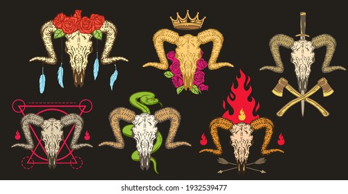 Set of hand drawn concepts with color goat skull isolated on black background. Realistic design art composition for print, tattoo. Retro vintage vector illustration.