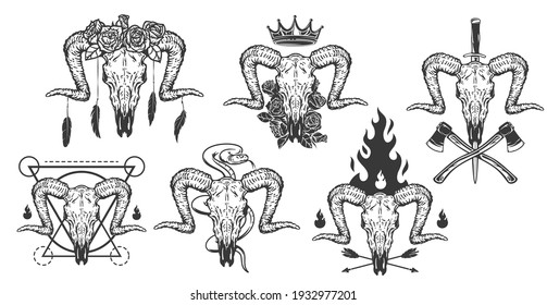 Set of hand drawn concepts with monochrome goat skull isolated on white background. Realistic design art composition for print, tattoo. Retro vintage vector illustration.